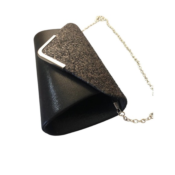 EVENING Bag Black Satin Glitter Clutch with Silver Hardware and Chain - Picture 2 of 10
